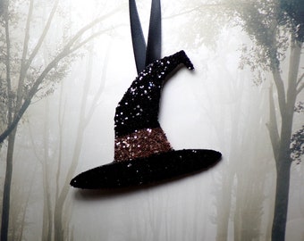 Set of 2 Black & Rose Gold Glitter Witch Hat Ornaments, Wood Ornaments, Halloween Tree, Yule, Christmas Ornament, Pagan Ornament