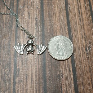 Pu&ograve; includere: Collana con ciondolo a forma di pipistrello in argento con una catena. Il ciondolo &egrave; circa delle dimensioni di una moneta da 25 centesimi di dollaro americano.