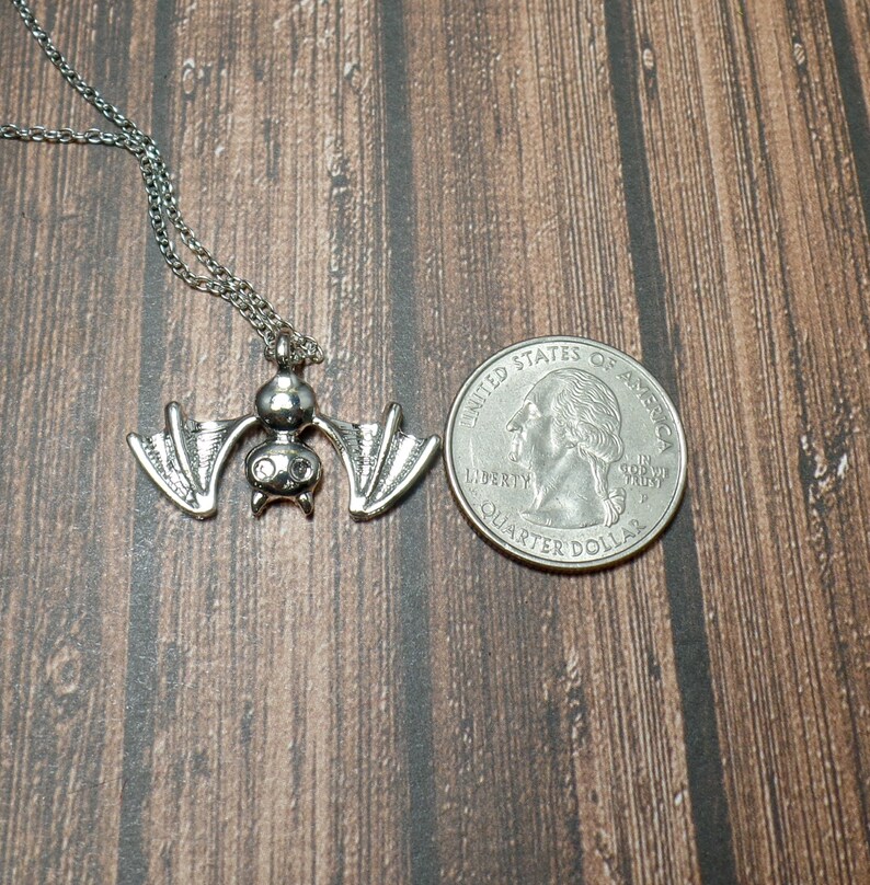 Pu&ograve; includere: Collana con ciondolo a forma di pipistrello in argento con una catena. Il ciondolo &egrave; circa delle dimensioni di una moneta da 25 centesimi di dollaro americano.