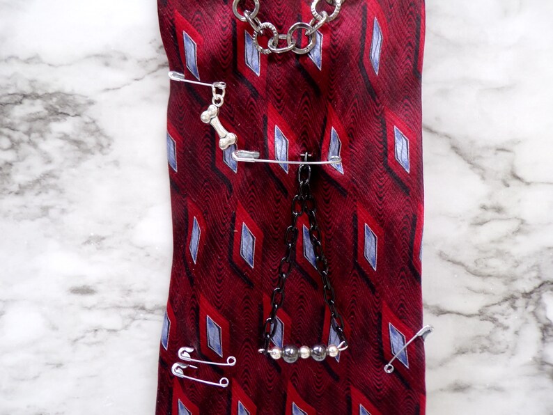 Punk Upcycled Tie Red and Grey Neck Tie Safety Pin Tie Etsy