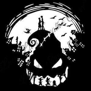 May include: Black and white silhouette of a couple standing on a hilltop with a spooky town in the background. The hilltop is shaped like a jack-o-lantern's face.