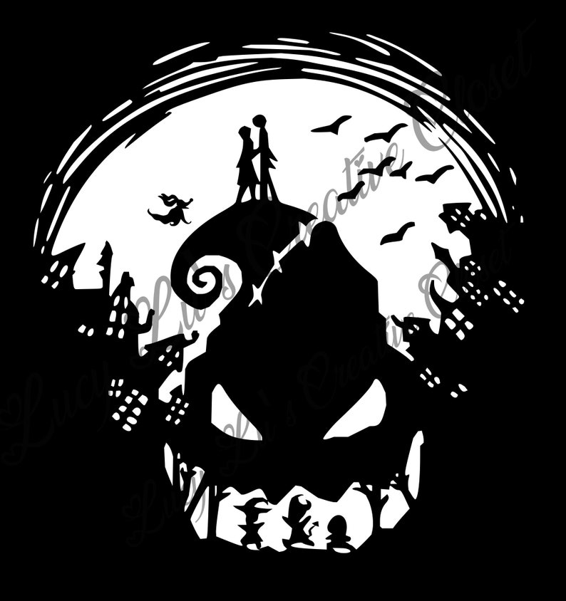 May include: Black and white silhouette of a couple standing on a hilltop with a spooky town in the background. The hilltop is shaped like a jack-o-lantern's face.