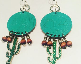 Blue Leather Circle and Cactus Earrings
