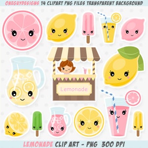 Kawaii Lemonade Clipart, Pink Lemon Clip Art, Lemonade Stand, Ice Cream Graphics