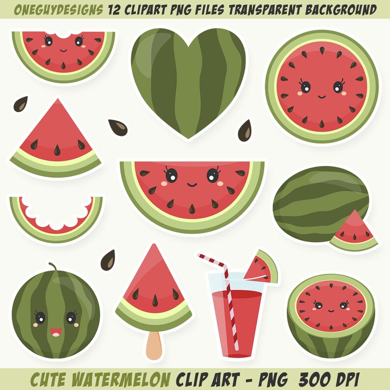 Cute Watermelon Clipart. Watermelon Clip Art. Instant Download PNG File