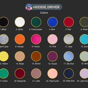 May include: A chart showing 24 different color swatches, labeled with their names. The colors include black, white, forest green, blue, red, khaki, sport grey, orange, fuchsia, pink, grey, azure, yellow, beige, brown, purple, sky blue, mint, green, burgundy, latte, peach pink, deep blue, and light lavender.