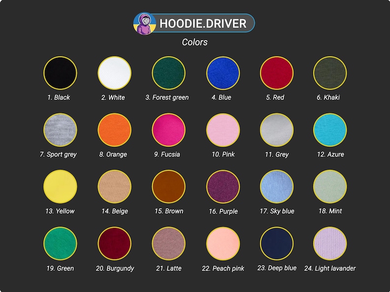 May include: A chart showing 24 different color swatches, labeled with their names. The colors include black, white, forest green, blue, red, khaki, sport grey, orange, fuchsia, pink, grey, azure, yellow, beige, brown, purple, sky blue, mint, green, burgundy, latte, peach pink, deep blue, and light lavender.