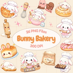 Könnte beinhalten: Eine digitale Illustration mit niedlichen Hasenfiguren beim Backen. Das Bild enthält ein Croissant, eine Teigrolle, einen Schneebesen und andere Backutensilien. Der Text "Bunny Bakery" ist deutlich sichtbar.