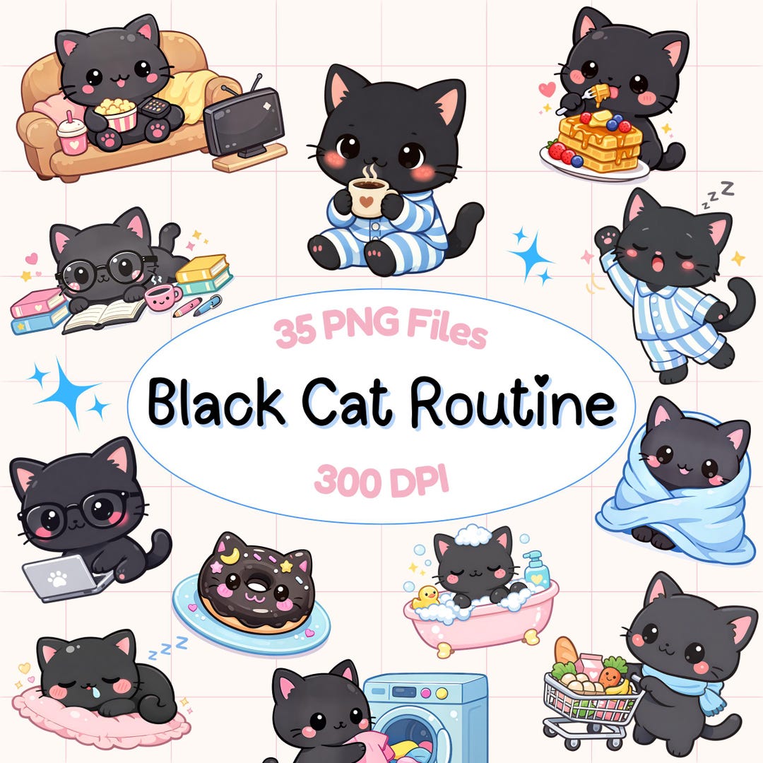 Kawaii Black Cat Daily Life PNG Clipart Bundle, Everyday Activities ...