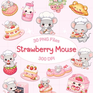 Op de afbeelding: Een verzameling schattige cartoon illustraties met een aardbeienthema. De afbeeldingen bevatten een muizenkok, aardbeienmelk, gebak en de tekst "Strawberry Mouse" en "30 PNG Files". Het kleurenpalet is voornamelijk roze en wit.