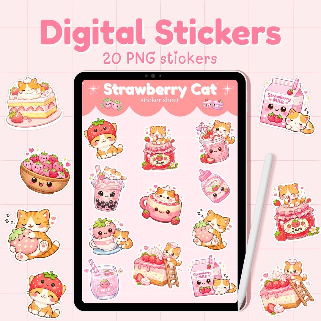 Kawaii Strawberry Cat Digital Planner and Goodnotes Stickers (digital ...