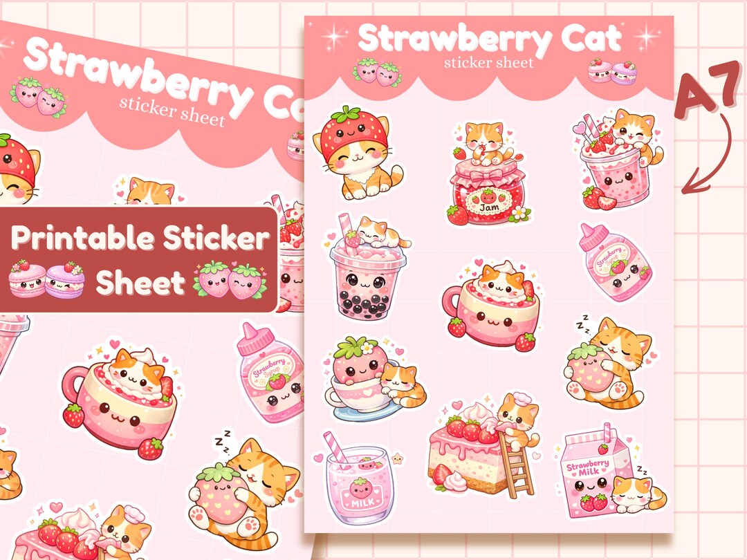 Kawaii Strawberry Cat Printable Sticker Sheet | Cute Cat & Strawberry ...