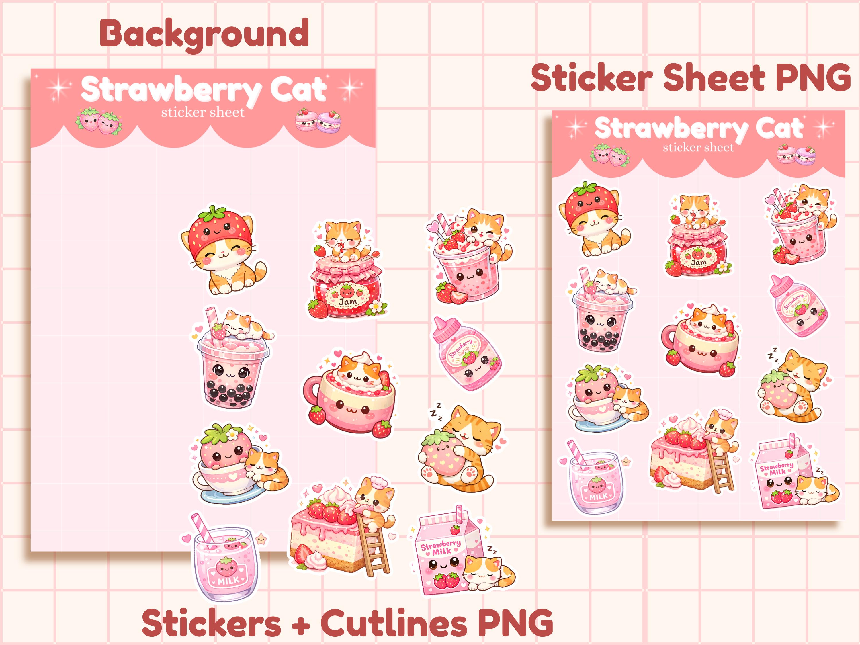 Kawaii Strawberry Cat Printable Sticker Sheet | Cute Cat & Strawberry ...