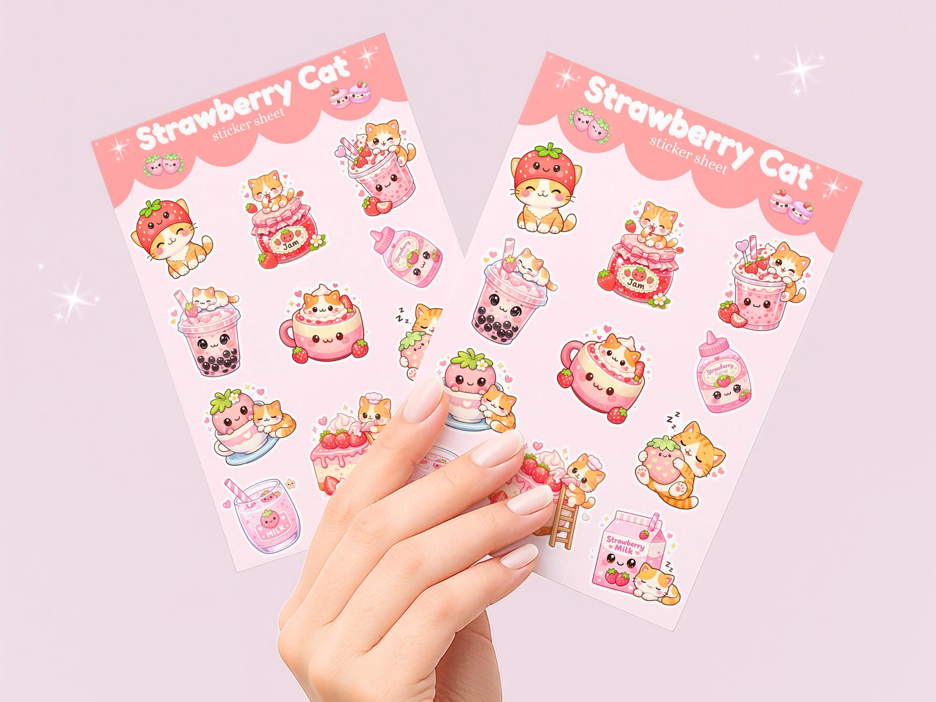 Kawaii Strawberry Cat Printable Sticker Sheet | Cute Cat & Strawberry ...