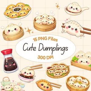 May include: A collection of cute dumpling illustrations in various presentations, including on plates, in bamboo steamers, and with chopsticks. The image includes a bottle of soy sauce and the text "Cute Dumplings".