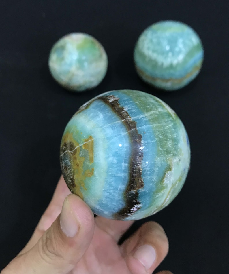 3 Pieces Natural Blue Aragonite Spheres 765gr 2.7 inch Each C25