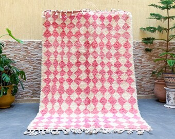 Custom pink checkered rug, Colorful Morrocan rug washable, Moroccan Beni Ourain Berber rug, Pink Bohemian rug for living room