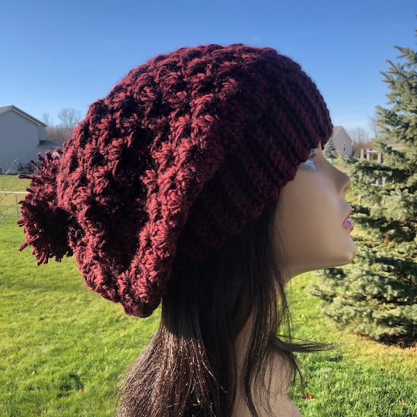 Brown Slouchy Hat, Brown BIG SLOUCH Beanie Oversized Beanie Slouch Hats Lightweight Women's hat, Claret Crochet  hat