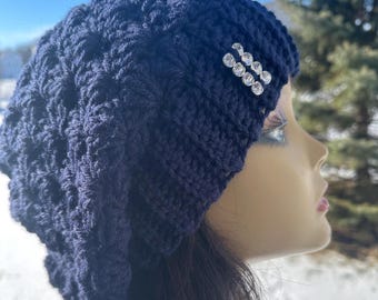 Navy blue Hat, Blue hat, Crochet Hat , BIG Hat, Slouchy hat, very big slouchy hat,Dark Navy Blue Hat