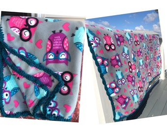 Purple Fleece Blanket - Toddler Fleece Blanket - White blanket, Fleece Throw with Crochet Border -  Toddler Throw