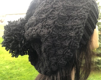 Black crochet Hat Slouchy Hat, Black Slouchy Beanie, Black Beanie, Black Hat, BIG HAT