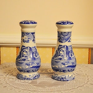May include: A pair of ceramic salt and pepper shakers featuring a white base with a blue transferware pattern depicting architectural ruins, trees, and landscape scenes. Each shaker has a rounded top, a narrow neck, and a flared base.