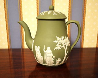 Tetera vintage Wedgwood Jasperware verde salvia Classical Relief Ware Inglaterra Cafetera Jasperware