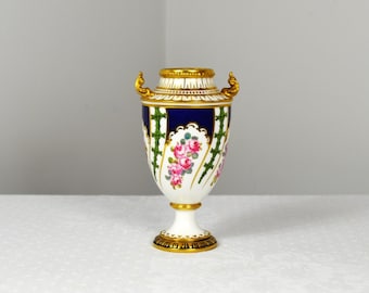 Vintage Royal Crown Derby Vase: Blue Floral Design, Square Base
