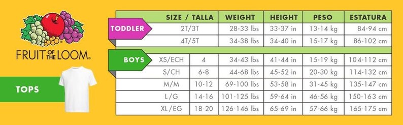 fruit of the loom tallas