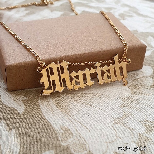 Silver Or 18K Gold Plated Mariah Old English Name Necklace, Goth Hipster Biker Pendant And Figaro Chain