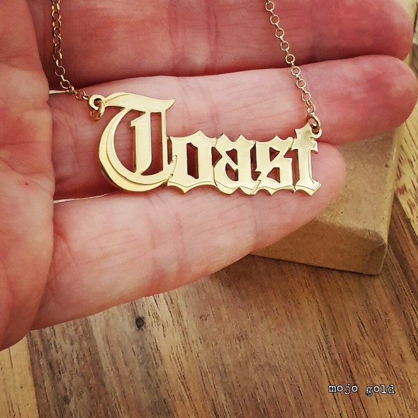 Funny Word Necklace, 18K Gold Plated Old English Goth Style Toast Name Necklace