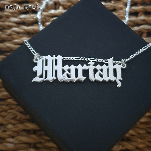 Hipster Biker Gothic Old English Name Necklace, Sterling Silver Or 18K Yellow Gold Plated Mariah Pendant And Figaro Chain