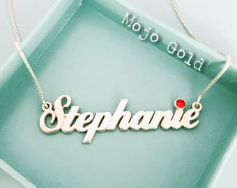 Order Any Name/Stephanie Name Necklace With Birthstone /Ruby Birthstone/Personalized Nameplate & Chain/Stephanie Necklace/Swarovski Crystals