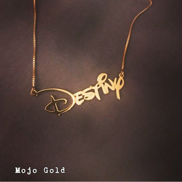 Real 14k Gold Destiny Name Necklace, Gold Disney Style Jewelry