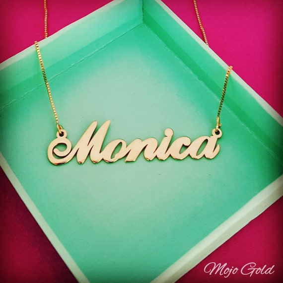 14 Carat Gold Name Necklace Personalized Monica Nameplate Etsy