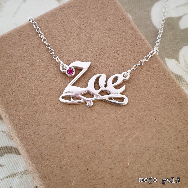 Solid Sterling Silver Zoe Name Necklace With July Ruby Etsy