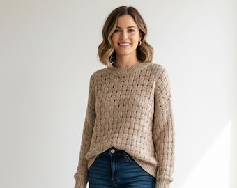 Knitted Summer Cotton Sweater with Braids Handmade Knit Pullover Cotton Aran Jumper Light Brown knitted Sweater 100% Cotton