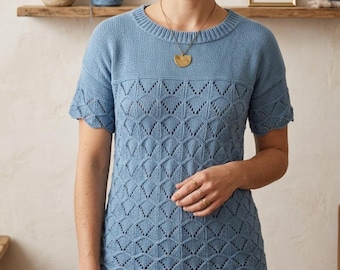 Handmade Blue Knit Summer Top - Short Sleeve Lace Pattern Blouse - 100% Soft Cotton Knitwear for Women