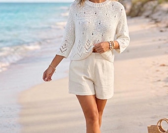 Handmade 1 of 1 White Open-Knit Boatneck Sweater – Lightweight Wool Blend - Size L