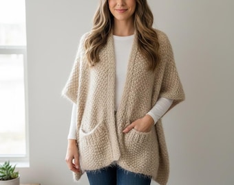 ポケット付きハンドメイドポンチョ、ニットカバーアップ