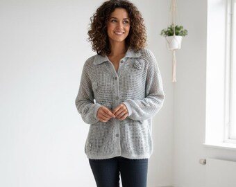 Vintage Grey Crochet Knit Cardigan with Floral Appliqué – Button-Down Mesh Sweater – Women’s Large – Cozy Lightweight Layer