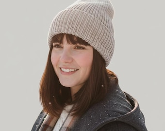 Handmade Chunky Knit Beanie - Medium Brown - 100% Merino Wool