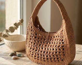 Handmade Raffia Bag | Crochet Summer Tote Bag | Straw Beach Purse | Boho Chic Handwoven Top Handle Bag