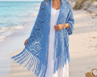 Summer shawl, Crochet wrap, Cover up, Merino shawl with fringes, Lase evening shawl, Gift for mom, Gift for Her