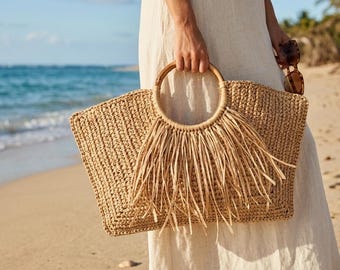 Boho Dreams Straw Fringe Tote – Handwoven Summer Beach Bag