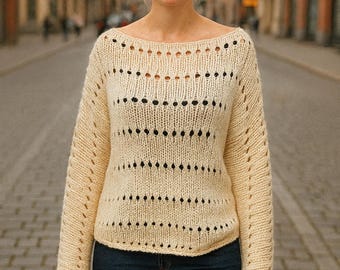 Handmade 1of1 Cream Open-Knit Boatneck Sweater – Lightweight Wool Blend - Size L