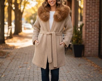 Handmade Knitted Sweater, Cardigan, with Natural Fur - Medium Brown 100% Wool