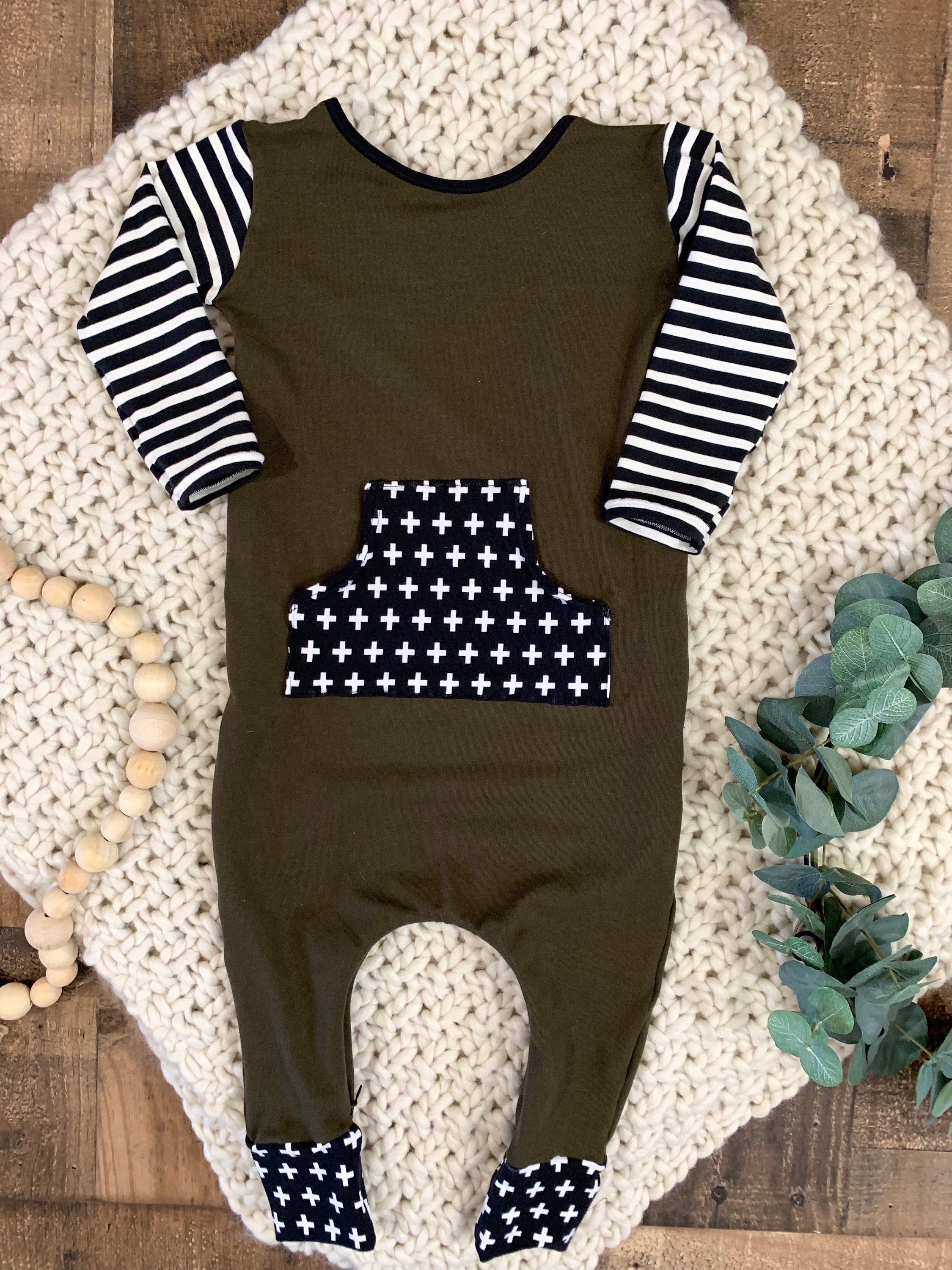Baby olive green romper Toddler olive green and black romper Etsy
