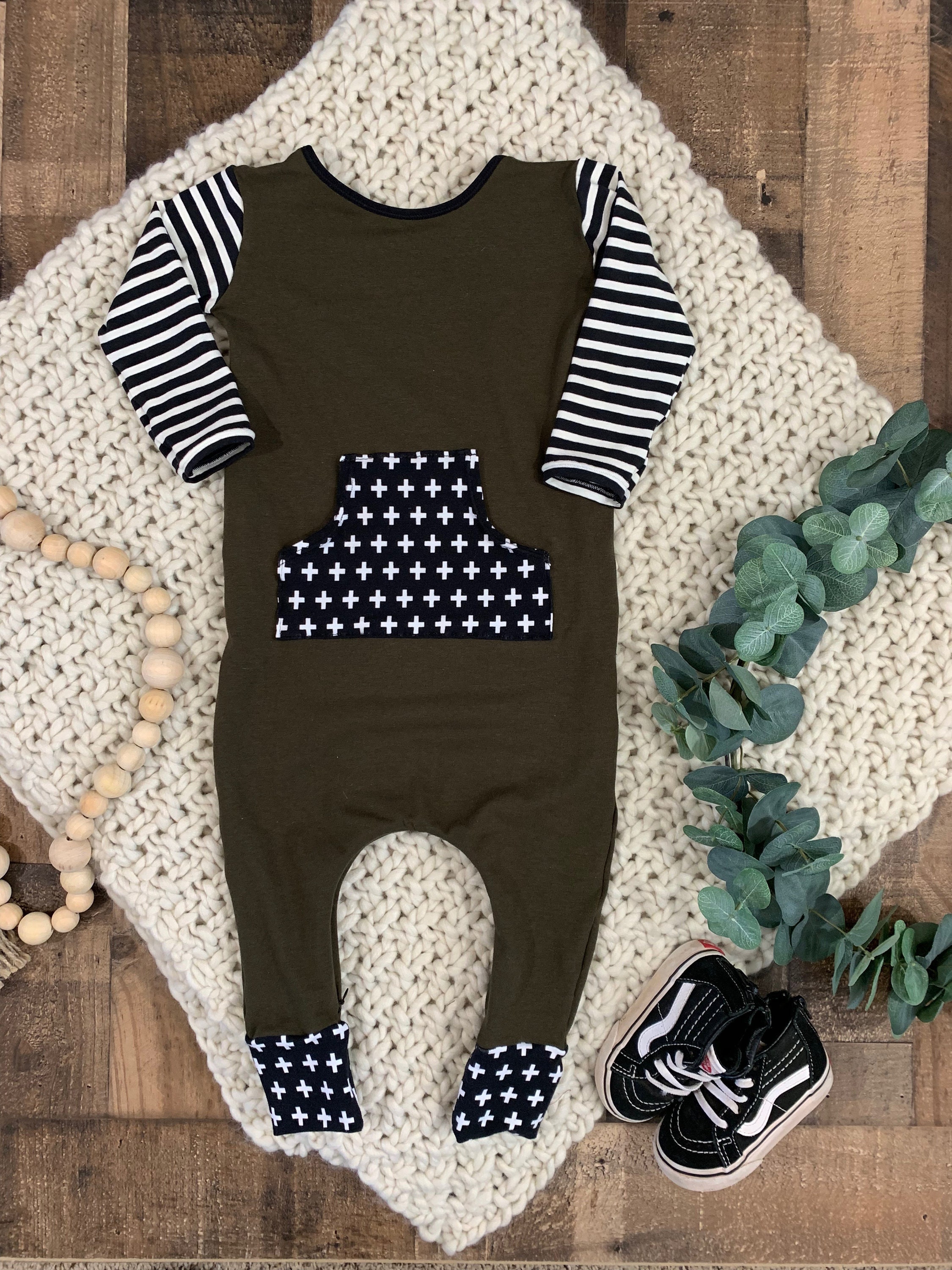 Baby olive green romper Toddler olive green and black romper Etsy