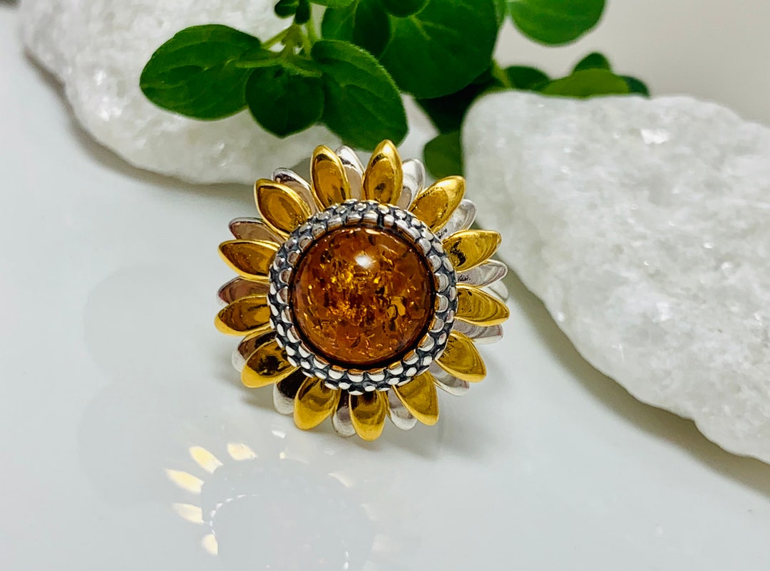 Baltic Amber Sunflower Ring,silver and Gold Amber Ring,bernstein,sun ...